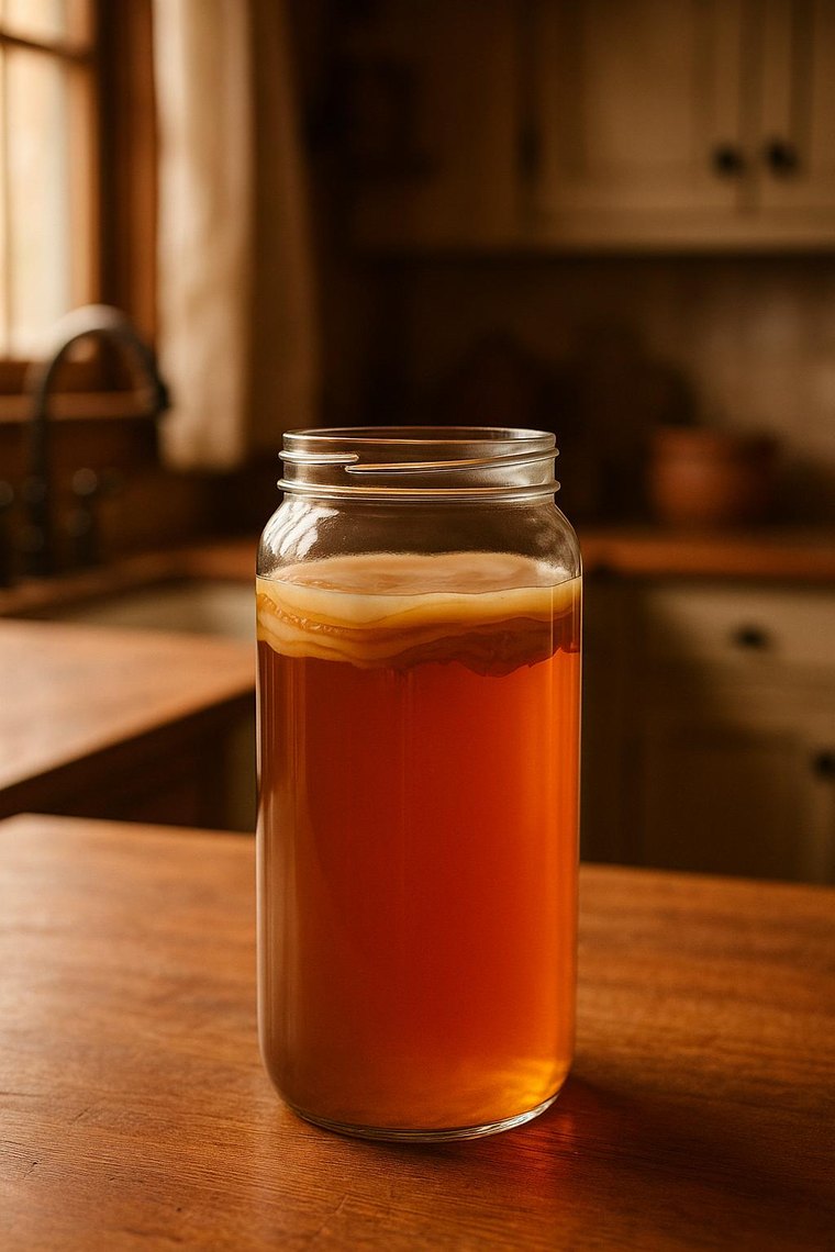 A glass jar of homemade kombucha fermenting with a healthy SCOBY on top