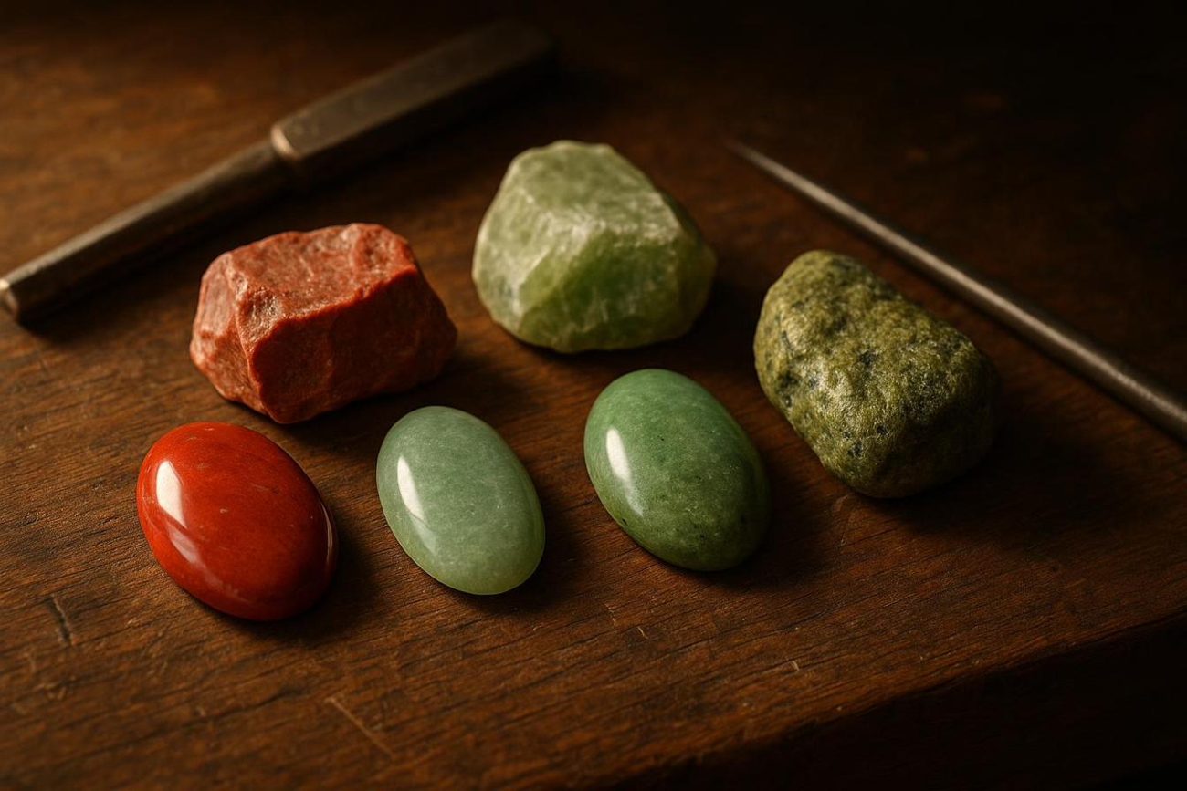Rough gemstone rough beside finished, hand-polished cabochons on a workbench