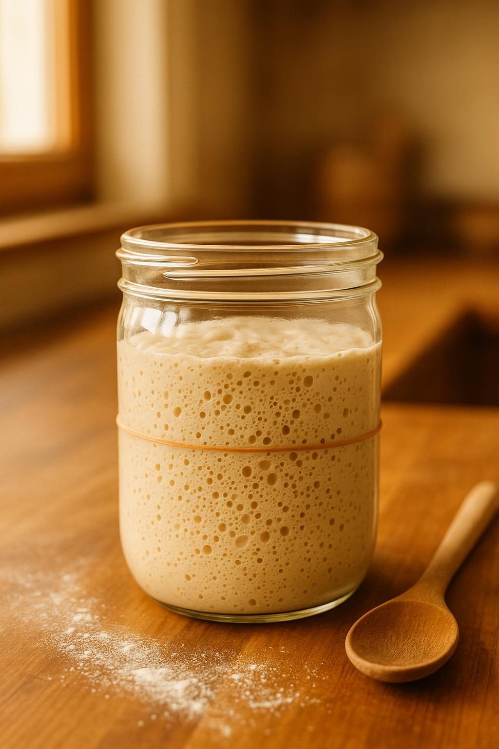 A healthy, bubbling sourdough starter rising in a glass jar